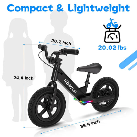 Black Kids Electric Balance Bike BK1 with 12 inch tires, 150W peak motor, lightweight 20 lb frame, adjustable seat, dimensions labeled