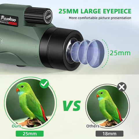 25mm eyepiece of 12x60 HD Monocular Telescope With Smartphone Adapter, Tripod, and Hand Strap for adults; bird image comparison