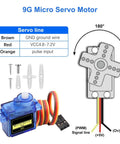 9G micro servo motor with wiring diagram, showing 180-degree rotation and wiring connections for RC crafts and robotics.