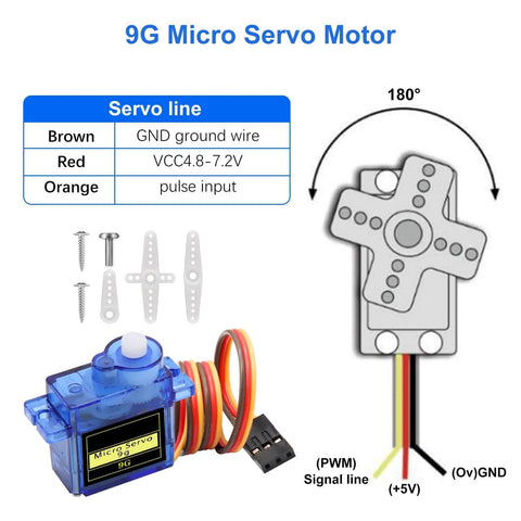 9G micro servo motor with wiring diagram, showing 180-degree rotation and wiring connections for RC crafts and robotics.