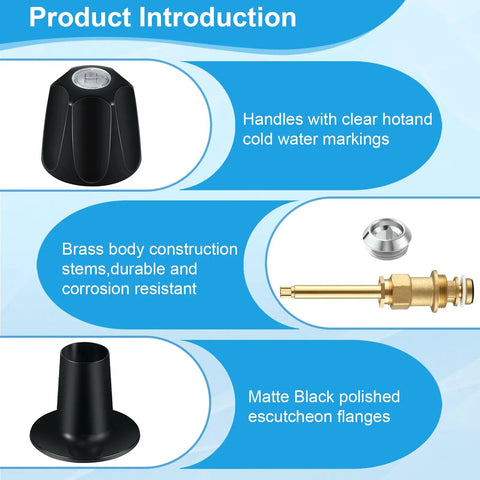 Matte Black Shower Knob 3 Piece Replacement Kit With Stems And Flange Base For 3 Handle Tub And Shower Faucets, Leak Fix