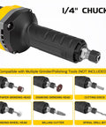 Heavy Duty Brushless Die Grinder Cordless Power Tool With One Quarter Inch Chuck showing ergonomic handle and 1/4" chuck compatible with various attachments.