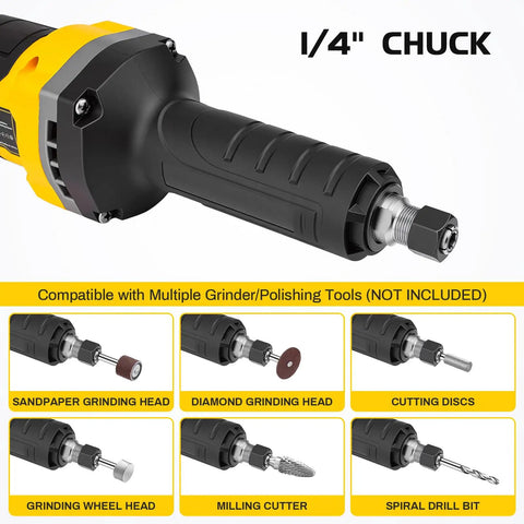 Heavy Duty Brushless Die Grinder Cordless Power Tool With One Quarter Inch Chuck showing ergonomic handle and 1/4" chuck compatible with various attachments.