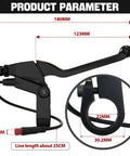 All-In-One Electric Bike Brake Lever Kit with Waterproof 2-Pin Connector showcasing dimensions for lever and mount.
