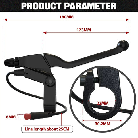All-In-One Electric Bike Brake Lever Kit with Waterproof 2-Pin Connector showcasing dimensions for lever and mount.