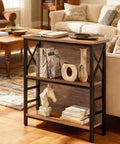Slick Three Tier Industrial Bookshelf With Heavy Duty Metal Frame And Solid Back Panel in living room setting, displaying books and decor.
