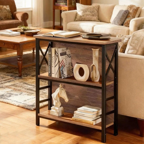 Slick Three Tier Industrial Bookshelf With Heavy Duty Metal Frame And Solid Back Panel in living room setting, displaying books and decor.