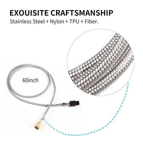 Close-up of CO2 Tank Direct Adapter With 60 Inch Stainless Steel Hose CGA320 To TR21-4 showing braided texture and connectors.