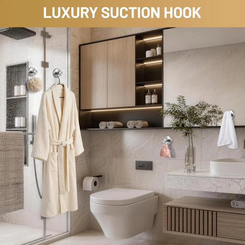 Luxury bathroom scene featuring Heavy Duty Suction Cup Hooks For Bathroom No Drill Towel And Robe Holder holding a robe.
