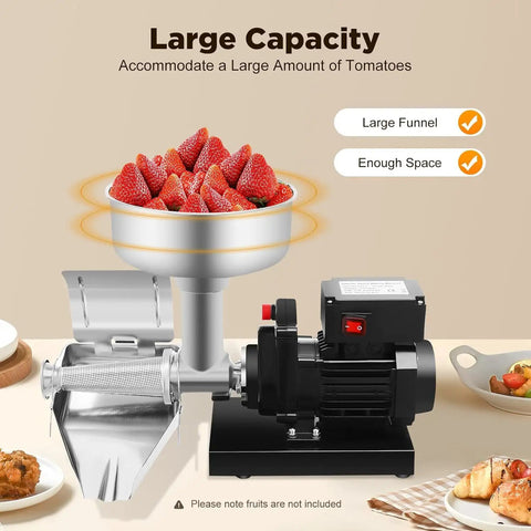 Heavy Duty Electric Tomato Sauce Maker And Fruit Strainer with large funnel filled with strawberries and powerful motor base.