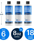 Three 8oz bottles of descaling solution for coffee machines, labeled for six uses, measuring 7 inches tall, with usage benefits highlighted.