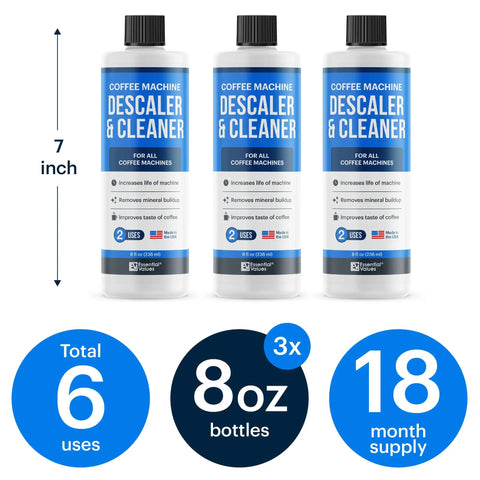 Three 8oz bottles of descaling solution for coffee machines, labeled for six uses, measuring 7 inches tall, with usage benefits highlighted.