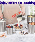 Pouring milk with Stainless Steel Measuring Cup With Handle Upgraded 3 In 1 Cup ML Ounce Scale 16 Ounces Half Liter Two Cup Capacity Durable Metal Kitchen Tool For Easy Cookin And Baking Prep