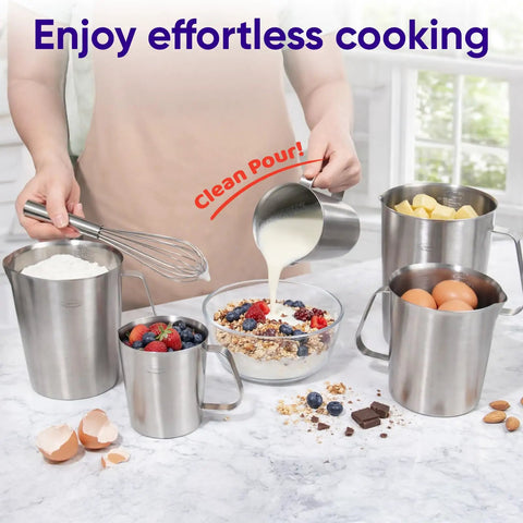 Pouring milk with Stainless Steel Measuring Cup With Handle Upgraded 3 In 1 Cup ML Ounce Scale 16 Ounces Half Liter Two Cup Capacity Durable Metal Kitchen Tool For Easy Cookin And Baking Prep
