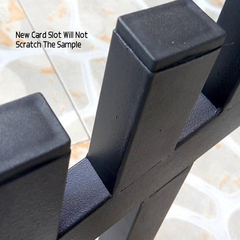 Close-up of the card slot on the Slick Floor Standing Tile Display Rack, Sturdy 10 To 12 Layer Wood Sample Organizer For Flooring And Building Materials.