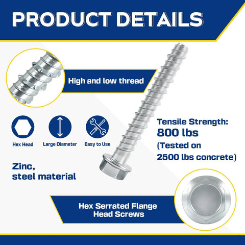 Three Eighth Inch By Three Inch Large Diameter Concrete Screw 25 Pack Beefy Heavy Duty Concrete Anchors For Brick Block Wood Framing Zinc Plated Hex Screws Today with product details showing tensile strength and material.