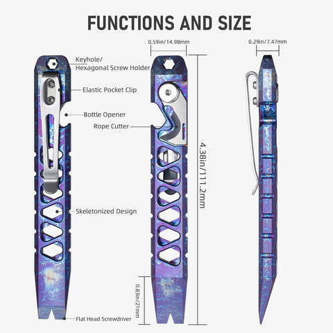 Titanium EDC Pry Bar Keychain Multitool Pocket Tool With Bottle Opener And Small Screwdriver, front and side view, 4.38in length.