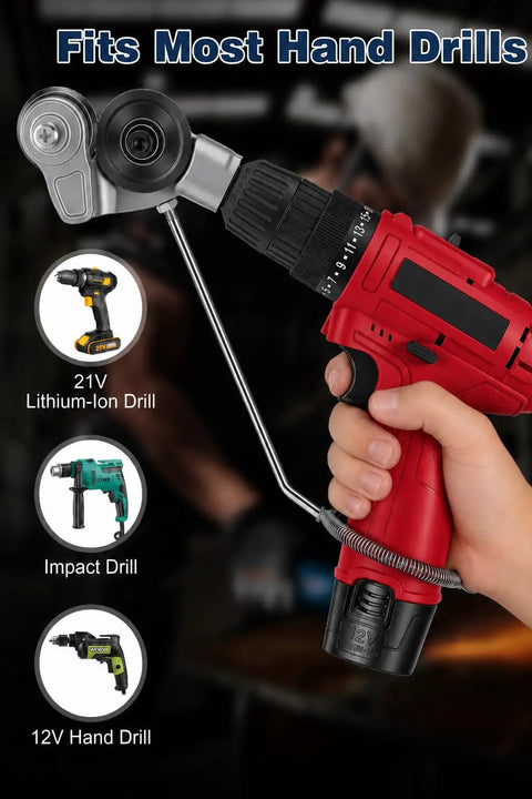 Upgraded Sheet Metal Nibbler Tool With Stabilizer Handle For Iron Steel Copper Aluminum Heavy Duty Metal Cutter Drill Attachment shown on a red hand drill.