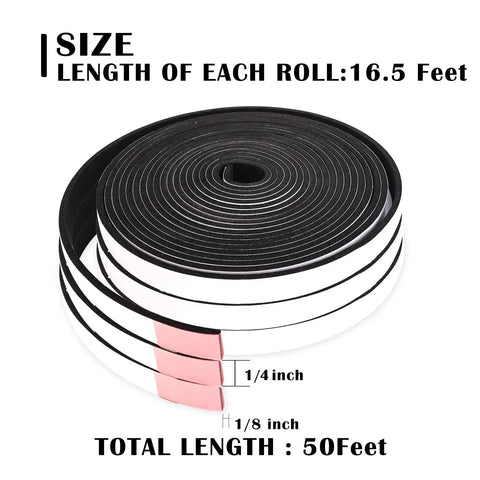 Rock Solid Heavy Duty Closed Cell Foam Weather Stripping For Doors And Windows Self Adhesive 1 4 Inch By 1 8 Inch Tape 3 Pack Set rolls displaying sizes and lengths.