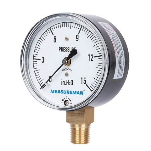 Diaphragm Type Capsule Low Pressure Gauge With 2-1/2 Inch Dial, 1/4 Inch NPT Lower Mount, Adjustable 0-15 In H2O, For Air And Water