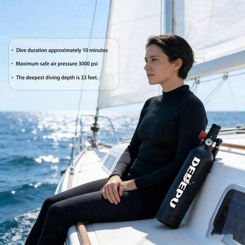 Person sitting on a boat holding a 1L Scuba Tank Kit For Diving Aluminum Cylinder With Primary Valve, near the ocean.