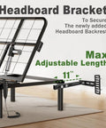 Built Tough Adjustable Headboard Brackets 2 Pack Expandable Steel Bed Frame Hardware Kit Fits Twin Full Queen King Beds No Sweat Quick Assembly Rock Solid Wall Grip Support showing adjustable bracket with max length of 11 inches.