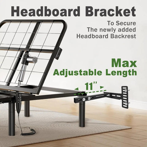 Built Tough Adjustable Headboard Brackets 2 Pack Expandable Steel Bed Frame Hardware Kit Fits Twin Full Queen King Beds No Sweat Quick Assembly Rock Solid Wall Grip Support showing adjustable bracket with max length of 11 inches.
