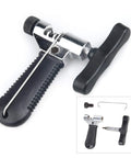 Front view of Oumers universal bike chain tool with black handle and silver body; road and mountain bike chain breaker kit