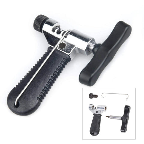 Front view of Oumers universal bike chain tool with black handle and silver body; road and mountain bike chain breaker kit