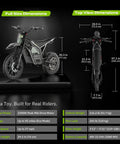 Gnarly High-Performance Electric Dirt Bike For Teens And Adults Up To 37 MPH With 2200W Peak Motor, front and side view with dimensions