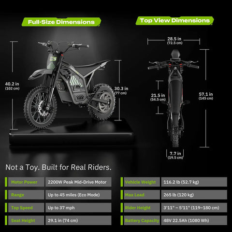 Gnarly High-Performance Electric Dirt Bike For Teens And Adults Up To 37 MPH With 2200W Peak Motor, front and side view with dimensions