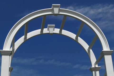 Durable White Vinyl Arbor For Outdoor Garden Pathway 49 Inch Wide By 91 Inch High against blue sky, showing top arch view