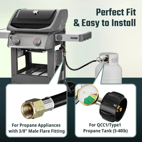 Three Feet Propane Regulator Hose With Tank Gauge For Universal Gas Grill Regulator And Hose QCC1 Type 1 Connection Three Eighths Inch Female Flare Compatible With Weber Char Broil Blackstone And Other Grills Heaters And Fire Pits connected to grill and propane tank.