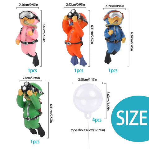 Floating Diver Aquarium Decor 4 Pack with size chart, featuring colorful resin divers and attachment balloons, easy to attach