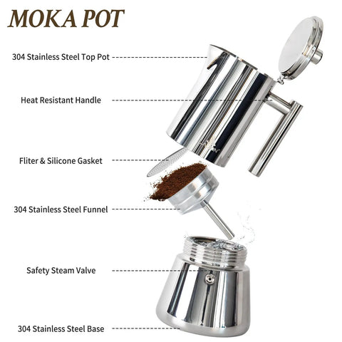 Exploded view of Stovetop Espresso Maker 6 Cup Moka Pot In Stainless Steel For Cuban Cafetera Cubana And Greca De Cafe Induction