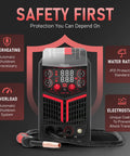 Do It All 4 In 1 Dual Voltage 110V And 220V MIG Welder With 160 Amp Output with LED display and safety features visible.