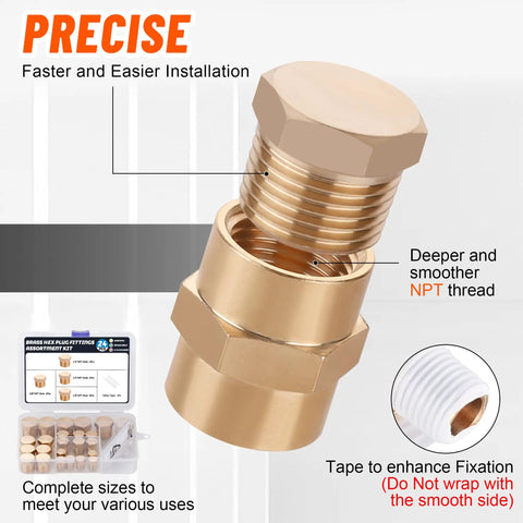 Brass Hex Pipe Plug Fittings Kit With Four Sizes One Eighth Inch One Quarter Inch Three Eighth Inch One Half Inch NPT Male Threaded Plugs
