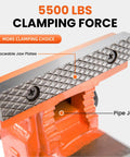 Close-up of orange 5 Inch Ductile Iron Bench Vise With 360 Degree Swivel Base And Channel Steel Guide Bar, showcasing 5500 Lbs clamping force.