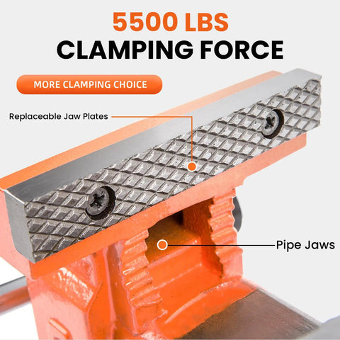 Close-up of orange 5 Inch Ductile Iron Bench Vise With 360 Degree Swivel Base And Channel Steel Guide Bar, showcasing 5500 Lbs clamping force.