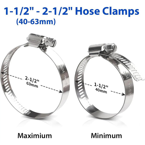 Heavy Duty 10 Pack Of Stainless Steel Worm Gear Hose Clamps Assortment Kit For Radiator Fuel Line Auto Plumbing And Home Fixes With Smooth Edge Protection That Stands Tough Against Rust Water Or Oil. 1-1/2" to 2-1/2" 304 stainless clamp size