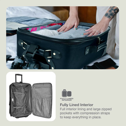 Open gray Amsterdam Softside Expandable Luggage With Rolling Wheels 29 Inch, showing interior packing and straps