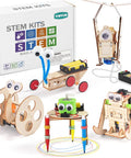 Five In One Hands On STEM Robot Kit For Kids Aged 8 To 12 with wood building crafts featuring five robots and 3D puzzles.