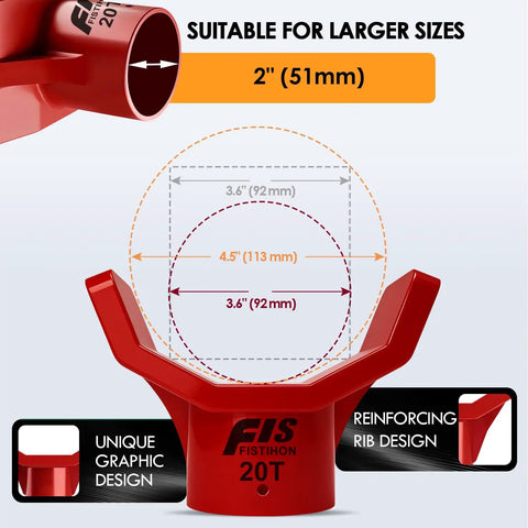 Heavy Duty Hydraulic Bottle Jack Adapter Sleeve Kit Includes Multi Ton Support Rings With Reinforced Flat Base Design For Built Tough And Hassle Free Lifting Performance On Any Auto Or Service Rig, red 20-ton adapter with size details.
