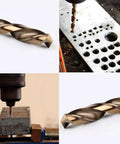 Heavy Duty Cobalt Drill Bits Kit Ten Piece M35 Jobber Length Twist Bits drilling metal and close-up views of bits.