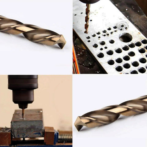 Heavy Duty Cobalt Drill Bits Kit Ten Piece M35 Jobber Length Twist Bits drilling metal and close-up views of bits.