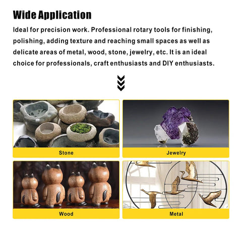 Image showing wide application for 1000W Flex Shaft Rotary Tool with 30000 RPM Speed on stone, wood, metal, jewelry materials.
