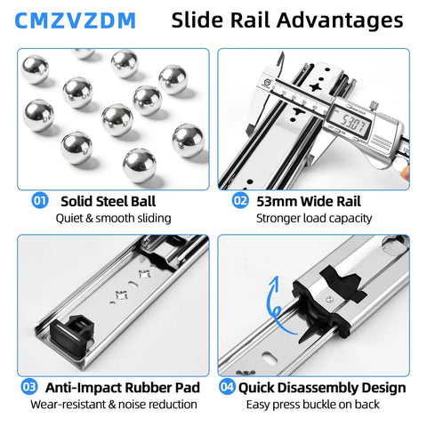 Beefy Heavy Duty Drawer Slides 22 Inch Long, 53 mm Wide, ball bearing design, side mount advantages, close-up view