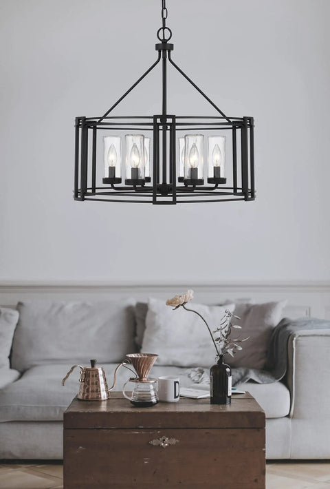 Luton Cage Metal Chandelier With Clear Cylinder Glass Shades Six Light Uplights For Kitchen Islands And Dining Areas In Matte Satin Dark Iron Finish Includes Six Feet Of Chain And Circular Metal Frame