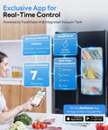 Woman using a smartphone app for food tracking beside a fridge, showing vacuum-sealed food packages and nutritional information display.