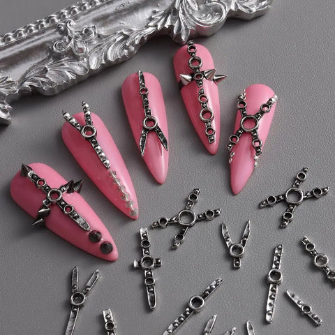 3D Metal Punk Nail Charms Set With Belt Spikes Rivets And Gothic Cross Studs In Silver Black White Mixed Sizes For Dope DIY Manicure Long Lasting Alloy Nail Art Accessories For Women, alloy nail charms on pink tips